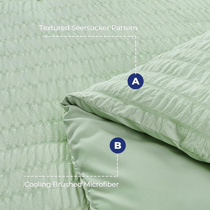 HYMOKEGE Light Green Duvet Cover Full Size, Ultra Soft 3-Piece Seersucker Duvet Cover Set with Zipper Closure, Soft Brushed Microfiber Bedding Set with 8 Corner Ties (80"x90", 2 Pillowshams)