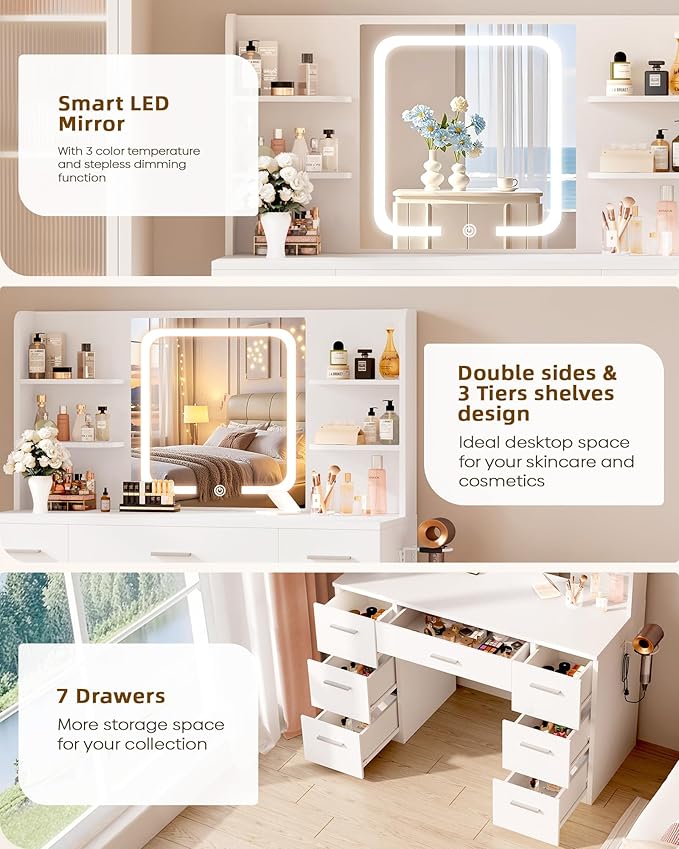 LIVELYGLOW White Large Makeup Vanity Desk with Smart LED Mirror & Power Station, 43" Professional Dressing Table with 7 Drawers, 4 Open Shelves & Hairdryer Holder for Bedroom