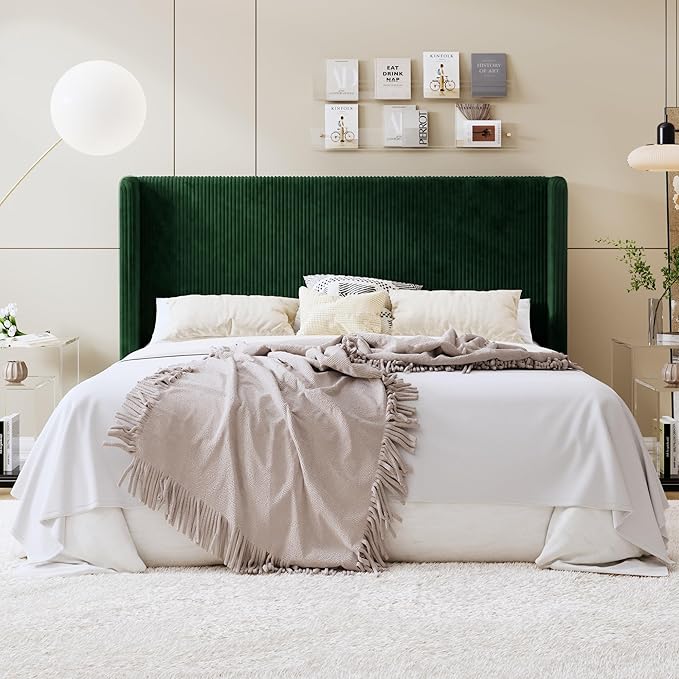SHA CERLIN King Size Corduroy Upholstered Platform Bed Frame with Vertical Channel Tufted Wingback Headboard, 8" Under Bed Storage, Wooden Slats & Metal Frame Support, Easy Assembly, Dark Green
