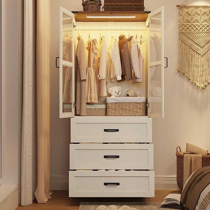 75" Tall Farmhouse 2 Doors Armoire Wardrobe Closet with 3 Drawers and LED,Freestanding Closet Wardrobe Cabinet for Bedroom with Hanging Rod,Wooden Armoire Storage Cabinet Adjustable(Rustic Off White)