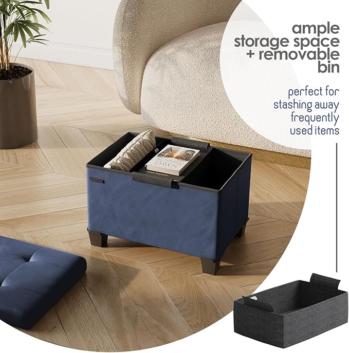 Storage Ottoman Cube with Small Bin, 16-in Square Ottoman with Storage for Living Room and Bedroom, Small Ottomans Foot Rest, Leather Foot Stools Ottomans Max 330lbs, Blue