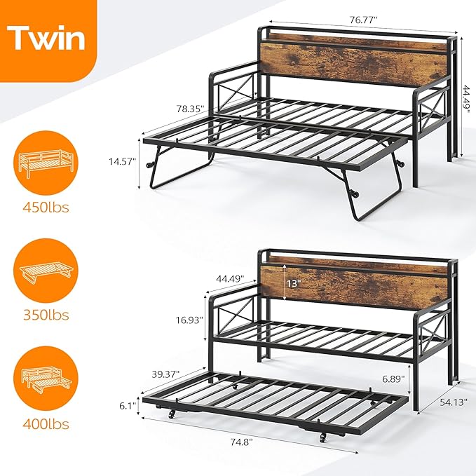 VINGLI Daybed with Trundle Twin, Metal Daybed Frame with Pop-up Trundle Bed and Charging Station,Day Bed with Wooden Storage Headboard & LED Lights, for Kids Room, Living Room, Bedroom, Brown