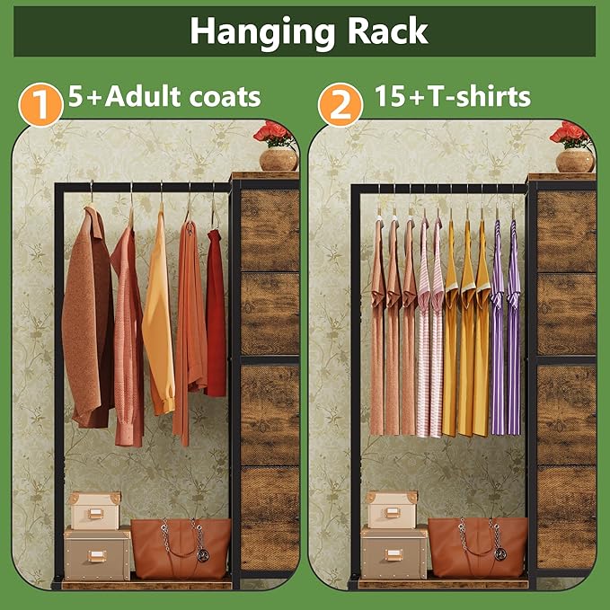 HIGDBFE Dresser with Hanging Rack, 4 Drawers Small Closet for Bedroom, Reversible Fabric Kids Chest of Drawers with Clothes Rack, Tall Storage Tower, Sturdy Frame, Rustic Brown, 44''H