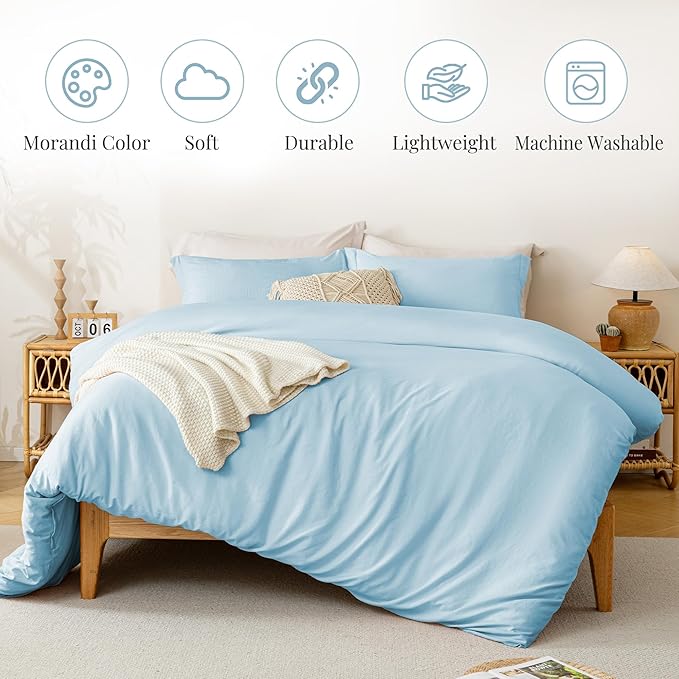 MILDLY Super Soft Duvet Cover 2pcs - 100% Washed Microfiber Cool Blue Twin/Twin XL Comforter Cover Set with Zipper Closure & Corner Ties (No Comforter)