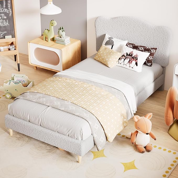 GarveeHome Upholstered Twin Size Bed Frame for Kids with Scallop Headboard, Cute Velvet Twin Bed for Girls, Boys, Sturdy Platform Bed, No Box Spring Needed, Wooden Slats, Noise Free, Light Grey