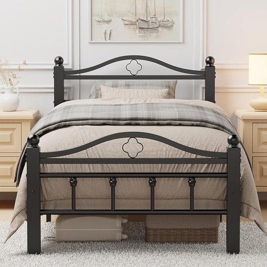 Twin Bed Frames with Vintage Headboard, 1500LBS Heavy Duty Twin Platform Bed Frame with Noise Free Design/12 Inch Under-Bed Storage Space/No Box Spring Needed/Tool-Free Assembly