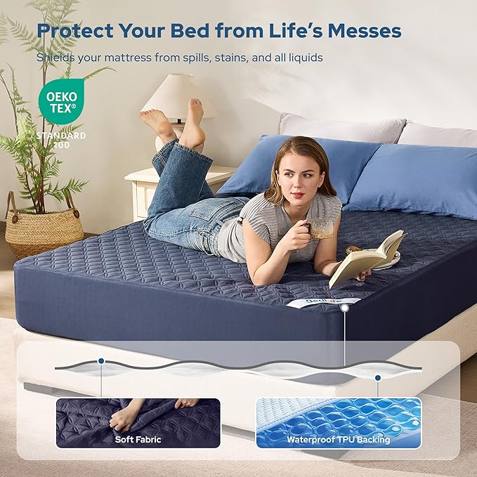 2 Pack Waterproof Mattress Protector, Twin Size Mattress Pad Noiseless with Deep Pocket Fitted for 6"-15", Breathable Dirt-Proof Single Bed Mattress Cover for Bedroom, Dorm Room (Navy Blue)
