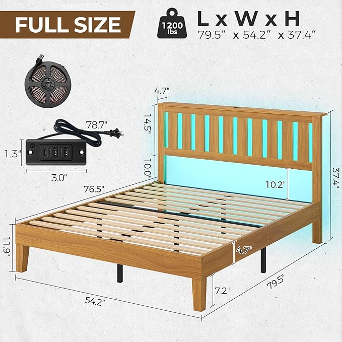 Rolanstar Full Bed Frame with Headboard, Charging Station and LED Lights, Wooden Bed Frame Foundation with Wood Slat Support, No Box Spring Needed, Pine