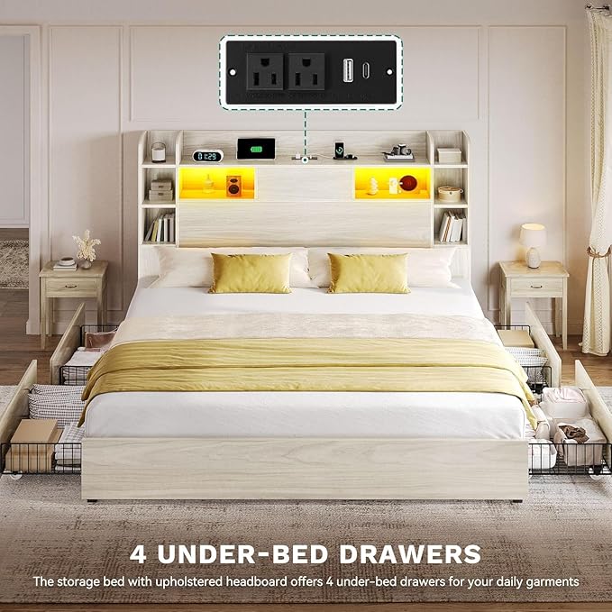 DWVO King Size Bed Frame with Bookcase Headboard and 4 Storage Drawers, RGB LED Bed Frame with Type-C & USB Charging Station Storage Headboard Bed, No Box Spring Needed, Noise Free, Wooden White