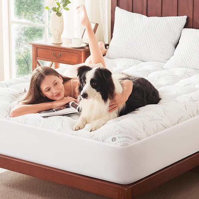 PRIMESOFT 100% Waterproof King Size Mattress Topper, Thick Pillow Top Mattress Pad，Up to 21 Inch Deep Pocket,Soft Breathable Mattress Pad for Back Pain, Protector Cover(White)