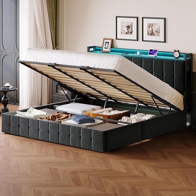 Garvee King Size Lift Up Storage Bed with LED Lights, Upholstered Velvet Bed Frame with Storage Headboard & Charging Station, Metal Platform Bed, No Box Spring Needed, Solid Wooden Slats, Black