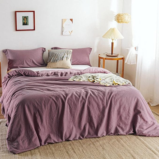 Simple&Opulence 100% Linen Duvet Cover Set 3pcs Basic Style Natural French Washed Flax Solid Color Soft Breathable Farmhouse Bedding with Button Closure - Purple, Queen