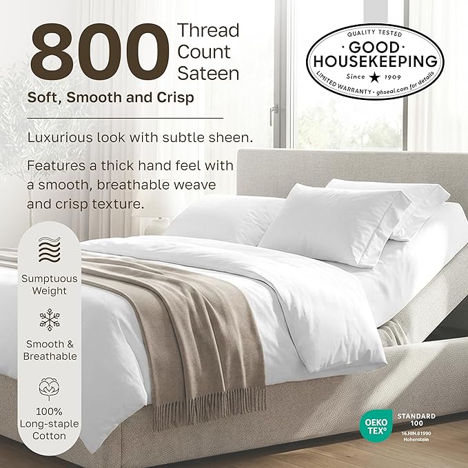 California Design Den Split King Sheets Sets for Adjustable Bed, Soft 800 Thread Count Sateen, 100% Cotton Set, Includes Twin XL Fitted Sheets - True Ivory