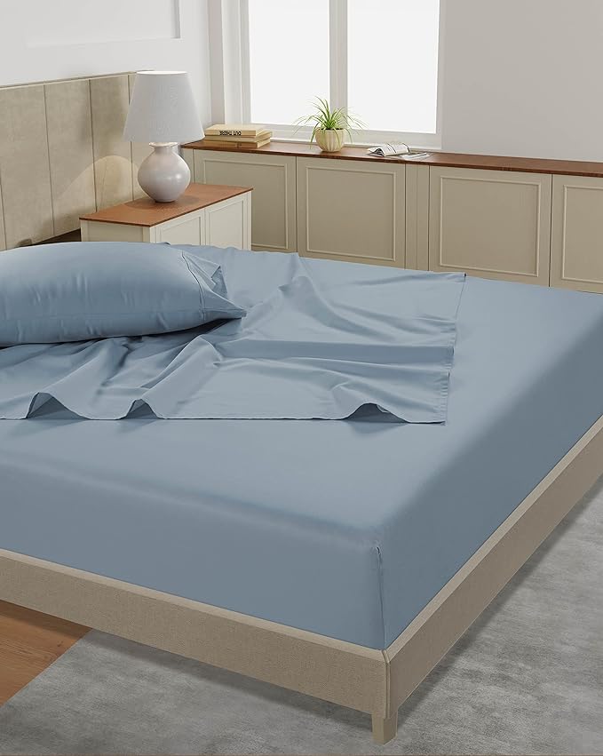 LANE LINEN 100% Cotton Cal King Bed Sheets - 450 Thread Count Sateen Weave for Silky Feel On Skin - Extra Soft & Thick Sheets for Deep Sleep At Night - Oeko Tex Certified - French Blue