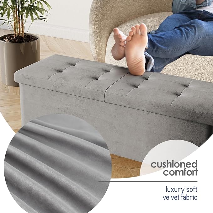 Storage Ottoman Bench with Bins, 43-in Storage Bench for Bedroom End of Bed, Folding Foot Rest Ottoman for Living Room Max 660lbs, Velvet Ottomans, Light Grey