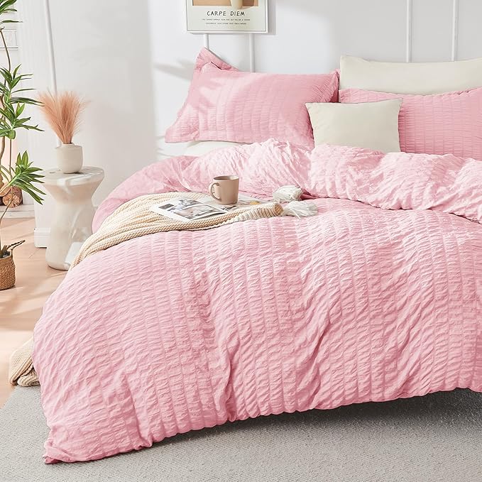 HYMOKEGE Pink/Ivory Twin Comforter Set Seersucker 5 Pieces, All Season Luxury Bed in a Bag for Bedroom, Bedding Set with Comforter, Sheets, Pillowcase & Sham
