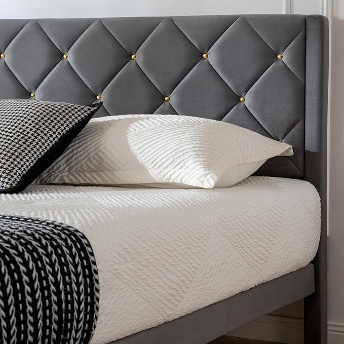 Queen Bed Frame with Headboard, Bed Frame Queen Size with Sturdy Wooden Slats Support, Platform Frame with Velvet Upholstered Headboard, Mattress Foundation, Easy Assembly, No Box Spring Needed Grey