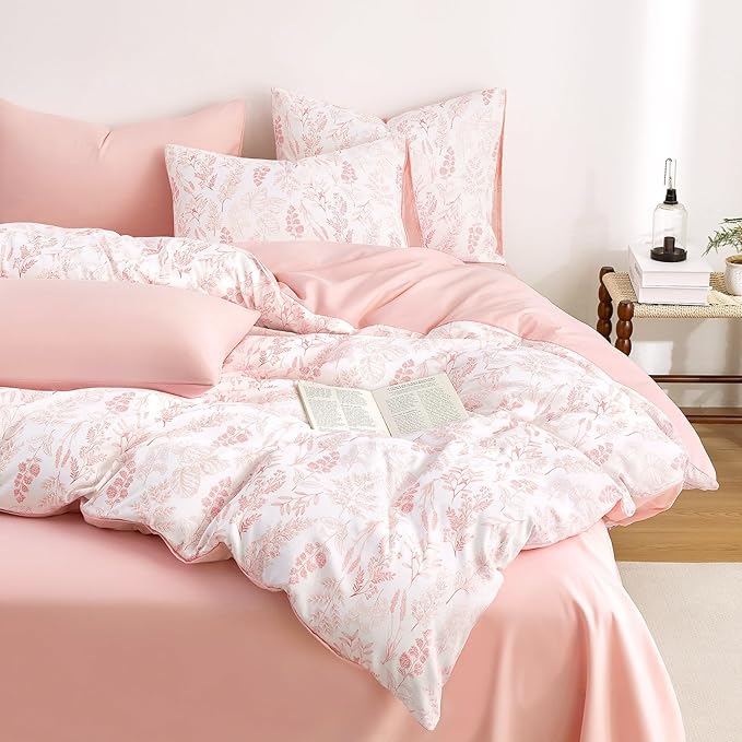 Wake In Cloud - Floral Duvet Cover Set, Botanical Vintage Flower Coquette Cottagecore Aesthetic for Women Teen Girls, Soft Lightweight Bedding, 3-Piece, Blush Pink, Full Size
