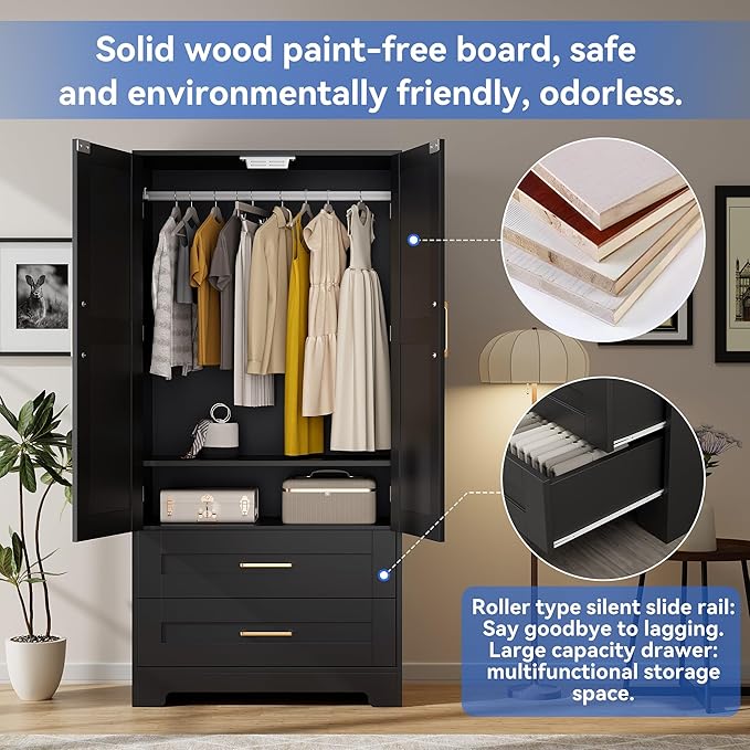 Wooden Armoire Wardrobe Closet with 2 Drawers, Bedroom Armoires with Door and Shelves, Freestanding Wardrobe Clothing Storage Cabinet with Hanging Rod for Bedroom, Laundry Room, Cloak Room（Black）
