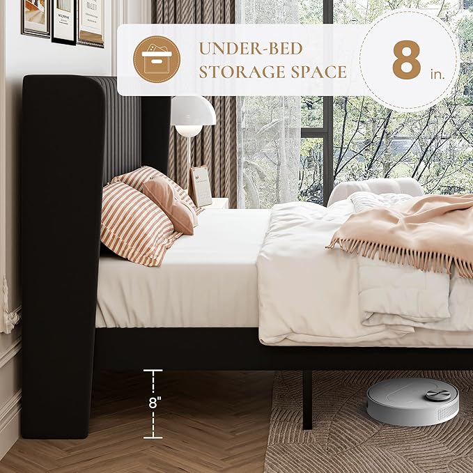 SHA CERLIN King Size Velvet Bed Frame with Vertical Channel Tufted Wingback Headboard, Upholstered Platform Bed with Wood Slats, No Box Spring Needed, Easy Assembly, Black