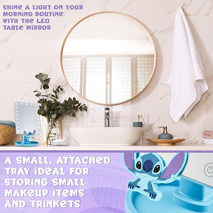 Disney Stitch Vanity Mirror for Girls, Teens, Women with Trinket Tray, LED Table Mirror, Touch Screen, Light Make Up, Gifts for Women (Blue)