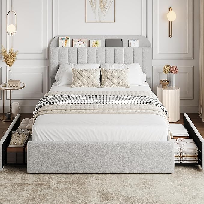 GarveeHome Full Bed Frame with Storage Headboard, Kids Bed Frame with 2 Drawers, Boucle Upholstered Platform Bed with Bookcase, No Box Spring Needed, Easy Assembly, Light Gray