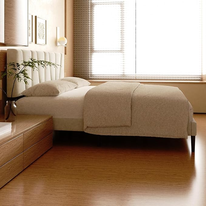 Queen Size Bed Frame, Linen Upholstered Platform Bed with Headboard, Strong Wooden Slats Support, Noise-Free Mattress Foundation, No Box Spring Needed, Easy Assembly, Beige
