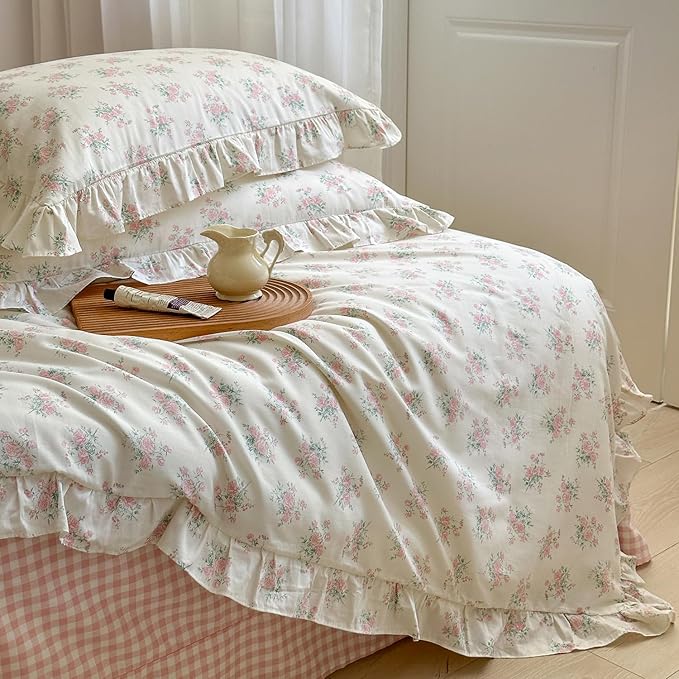 mixinni Pink Floral Duvet Cover Set Queen Size - 100% Cotton Ruffle Lace Bedding Set for Girls, Romantic Cottagecore Style Duvet Cover with Zipper Closure, Soft Aesthetic Princess Bedding-Queen