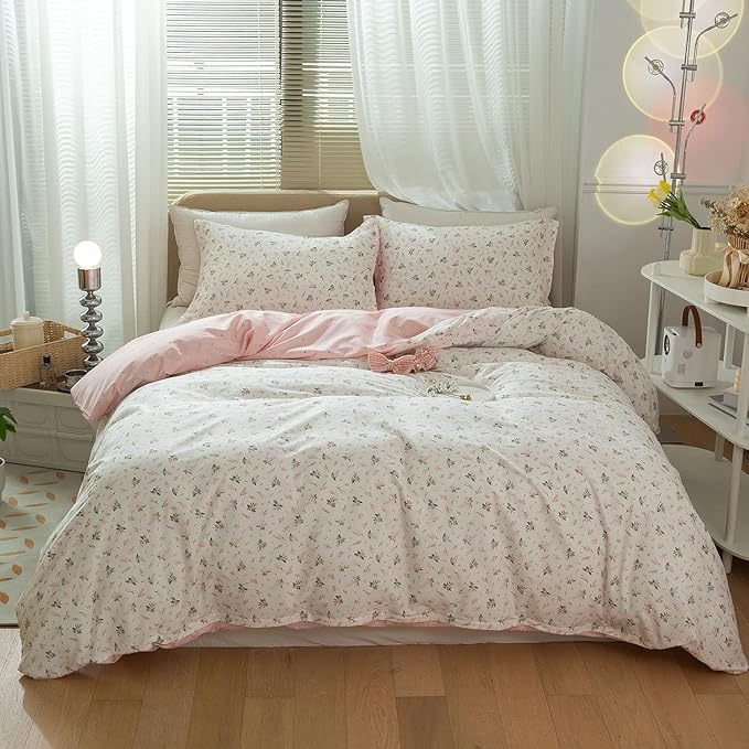 mixinni Small Floral Print Duvet Cover Full Flower Duvet Cover Set Soft Cotton Pink Reversible White Bedding Comforter Cover Zipper Closure 4 Corner Ties for Girls-Full Size
