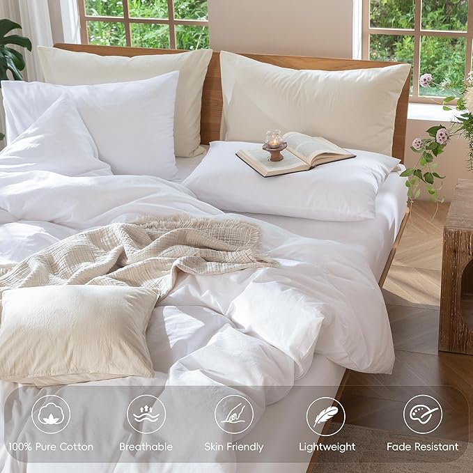MooMee Bedding Duvet Cover Set 100% Washed Cotton Linen Like Textured Breathable Durable Soft Comfy (Solid Bright White, Alaska King 132"x120")