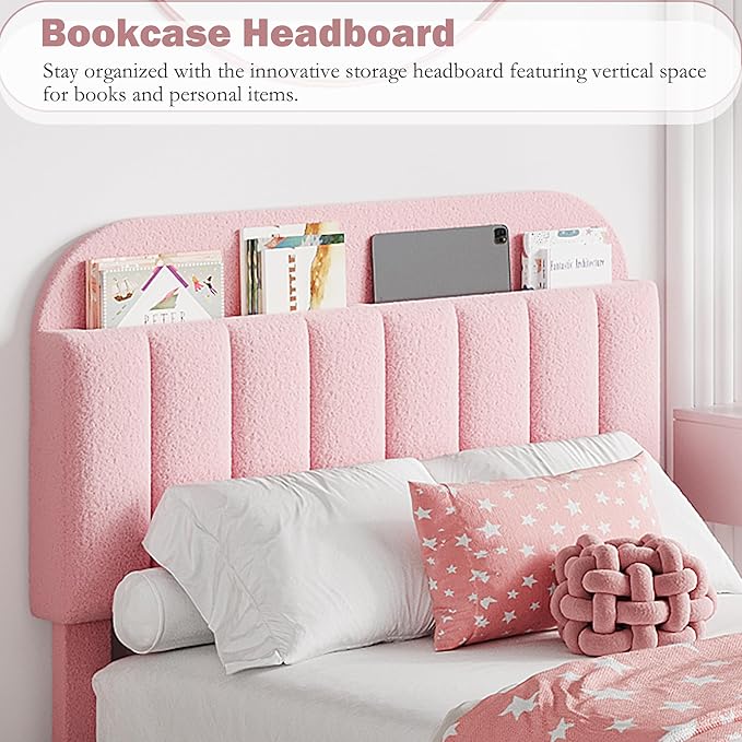 Garvee Queen Size Bed Frame with 2 Flexible Drawers, Boucle Upholstered Platform Bed Frame with Bookcase Headboard, Bedframe for Kids/Girls, Easy Assembly, No Box Spring Needed, Noise Free, Pink