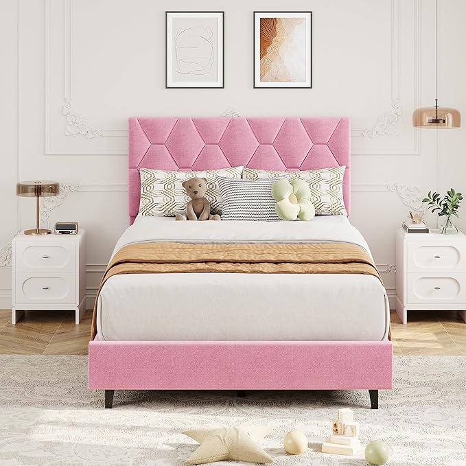GarveeHome Pink Twin XL Bed Frame with Upholstered Headboard, Heavy-Duty Platform Bed Frame with Adjustable Headboard, Strong Wood Slat Support/No Box Spring Needed/Noise Free