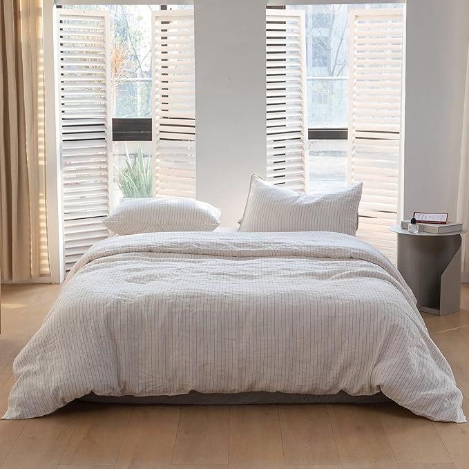 Simple&Opulence 100% Linen Duvet Cover Set 3pcs Yarn Dyed Vertical Pinstripe Ticking Pattern Natural French Washed Flax Breathable Farmhouse Bedding - Cinnamon Stripe, King Size