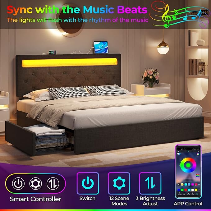 Rolanstar Full Size Bed Frame with 4 Storage Drawers and Charging Station, Full Bed with Led Lights, 2 USB & 1 Type C, Adjustable Headboard 38.9/40.9 Inches, No Box Spring Needed, Dark Gray