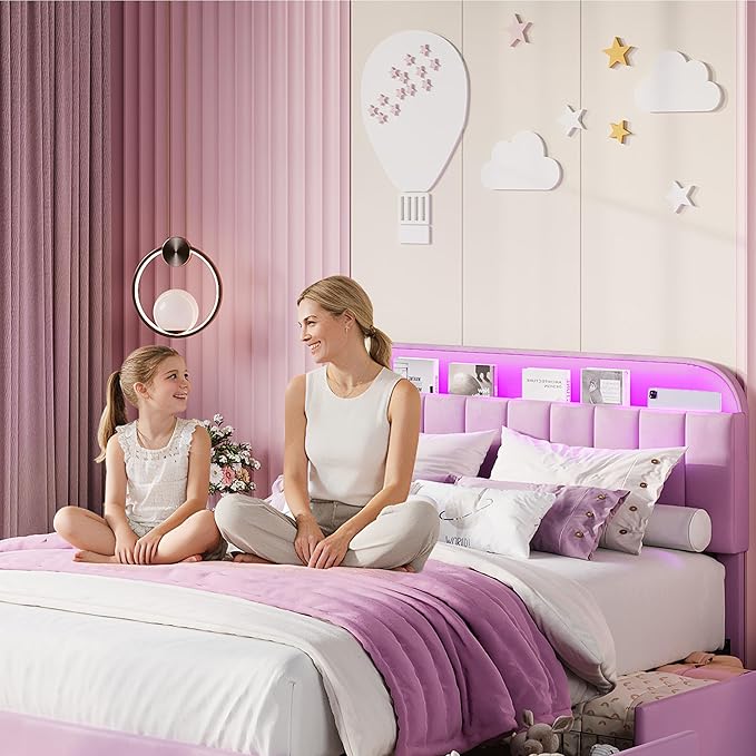 Garvee Full Size Bed Frame with 2 Flexible Drawers, Upholstered Platform Bed Frame with Bookcase Headboard and LED Lights, Kids Bed for Girls, Easy Assembly, Noise Free, Purple