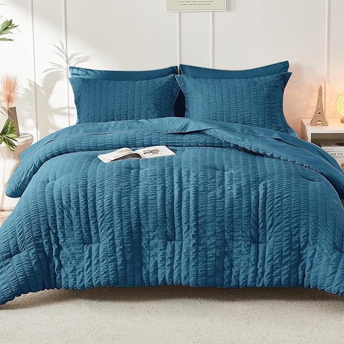 HYMOKEGE Teal Twin Comforter Set Seersucker 5 Pieces, All Season Luxury Bed in a Bag for Bedroom, Bedding Set with Comforters, Sheets, Pillowcase & Sham