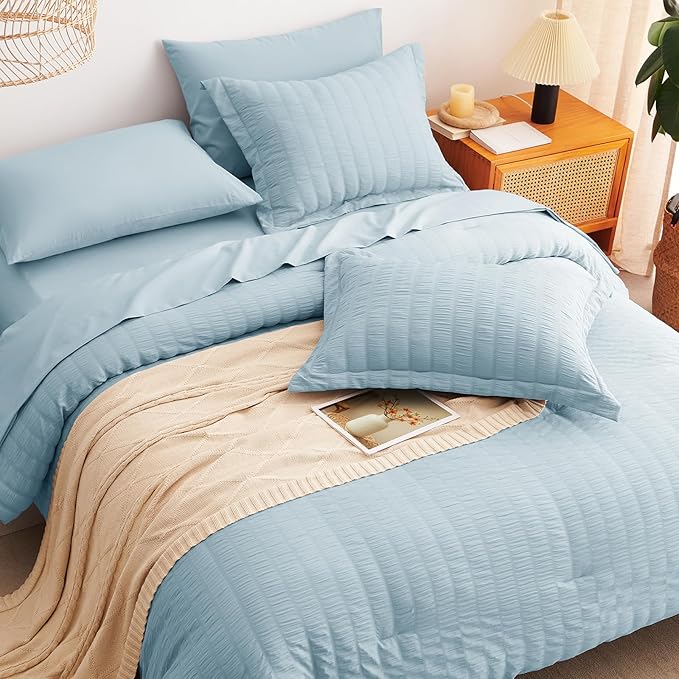 CozyLux Oversized King Comforter Set Light Blue Seersucker 7 Pieces 120x98 Bed in a Bag Comforter Set with Sheets, Luxury Soft Bedding Sets with Down Alternative Comforter, Sheets, Pillowcases & Shams