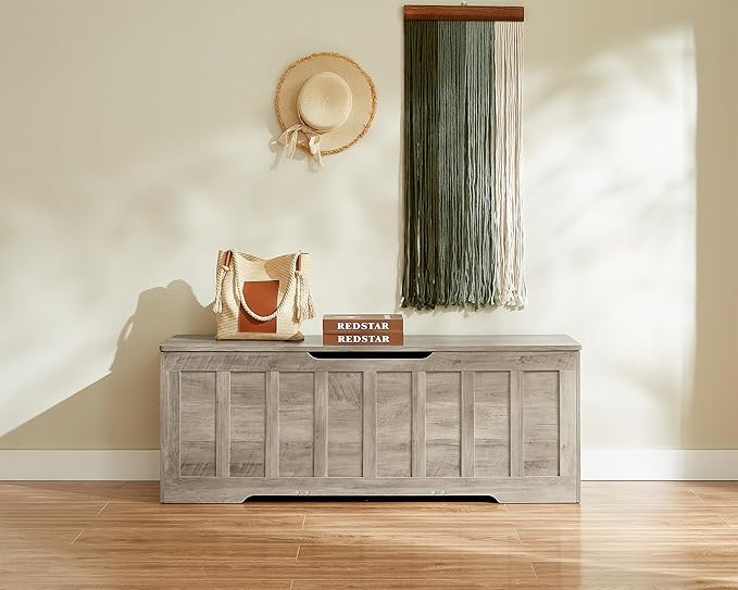 VANKILEY 51.2" Storage Chest Extra Large,Storage Bench with 2 Safety Hinges,Shoe Bench,51.2 * 15.7 * 19.1 inches,Wooden Trunk for Bedroom,livingroom,entryway,Supports 220 lb,Easy Assembly(Greige