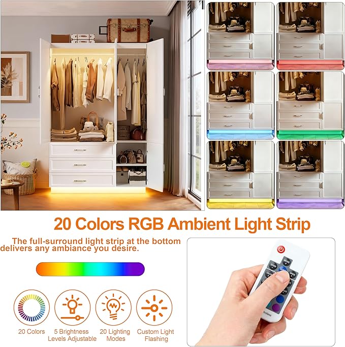 AXCITOC 72" Armoire Wardrobe Closet with 3 Door Wooden Bedroom Armoire with LED Light 3 Drawers Large Modern White Wardrobe Cabinet with Retro Ceramic Door Handles and Removable Hanging Rod