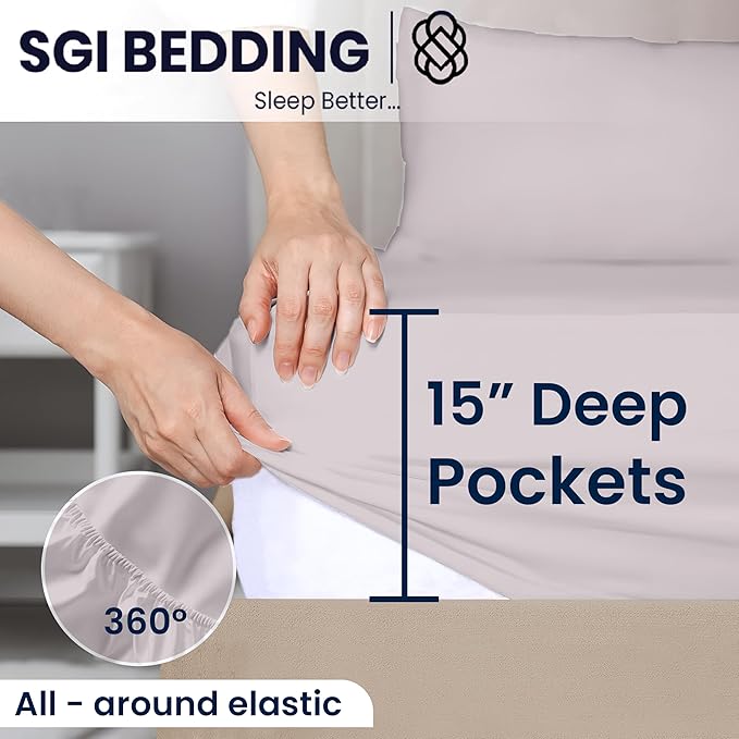 SGI bedding 36" King Split Top Flex Head Sheet 100% Egyptian Cotton Sheet Set 1000 Thread Count Flex Top Sheet for Adjustable Bed 4Pc Sheet Set 15" Deep Pocket for Sleep Number Bed - Light Grey