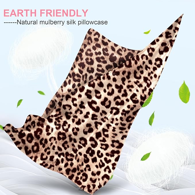 Silk Pillow Cases 2 Pack King Size with Hidden Zipper, Mulberry Silk Pillowcase for Hair and Skin, Smooth and Soft Breathable Cooling Silk Satin Pillowcase Set of 2, Gifts for Women，Leopard Brown
