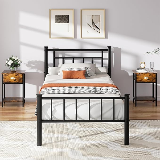 Shintenchi Twin Size Metal Platform Bed Frame with Headboard & Footboard, Steel Slat Mattress Foundation, Under Bed Storage, Noise-Free, No Box Spring Needed, Black Square