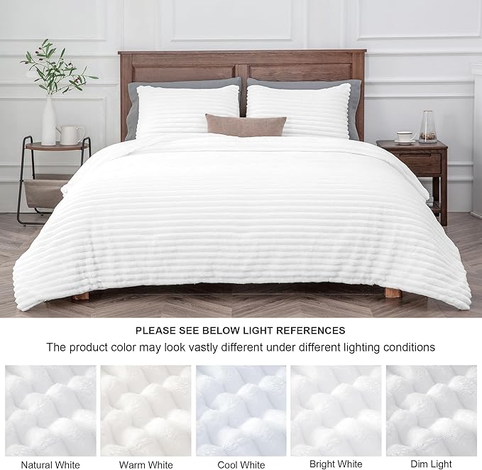 BEDELITE Fleece King Comforter Set -Super Soft & Warm Fluffy Bright White Bedding, Luxury Fuzzy Heavy Bed Set for Winter with 2 Pillow Cases