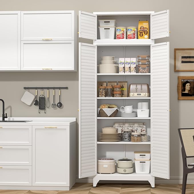 SteeLoong Kitchen Pantry Cabinet,90" Metal Storage Cabinet with Doors and 4 Adjustable Shelves,White Tall Locker Organizer Steel Garage Cabinets for Tool,File Cabinet for Office,Kitchen,Garage,School