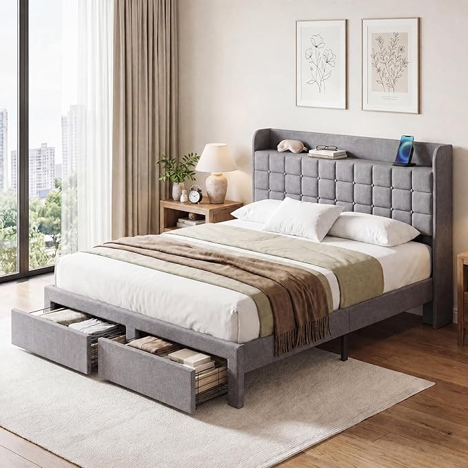 DUMOS Full Size Upholstered Platform Bed Frame, Full Bed with Storage Drawers and Fabric Headboard, Wooden Slats Support, 882 lbs Weight Capacity, No Box Spring Needed, Easy Assembly, Gray