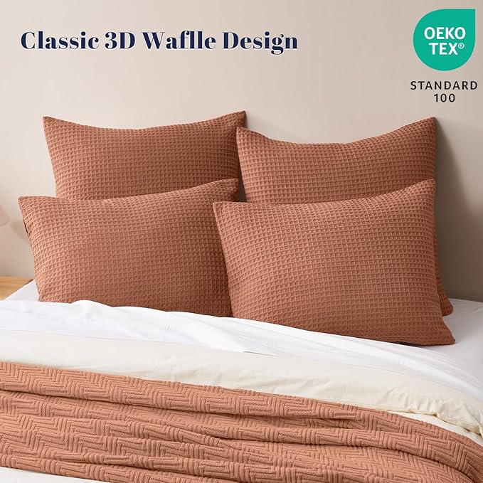 PHF Ultra Soft Waffle Weave Pillow Shams Standard Size, No Insert, 2 Pack 20" x 26" Pillowcases,Breathable & Skin-Friendly Pillow Cases, Stylish Decorative Bed Pillow Cases Covers, Burnt Umber