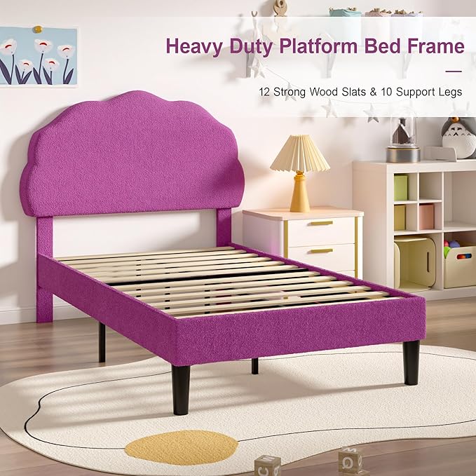 VECELO 2 Set Twin Size Bed Frame, Upholstered Platform Bedframe with Height Adjustable Plush Fabric Headboard, Strong Wood Slat Supports, No Box Spring Needed, Purple