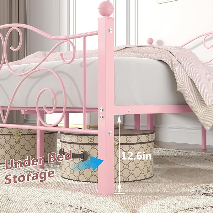VECELO Queen Size Bed Frame with Headboard and Footboard, Heavy Duty Metal Slat Support, Platform Mattress Foundation, No Box Spring Needed, Easy Assembly, Light Pink