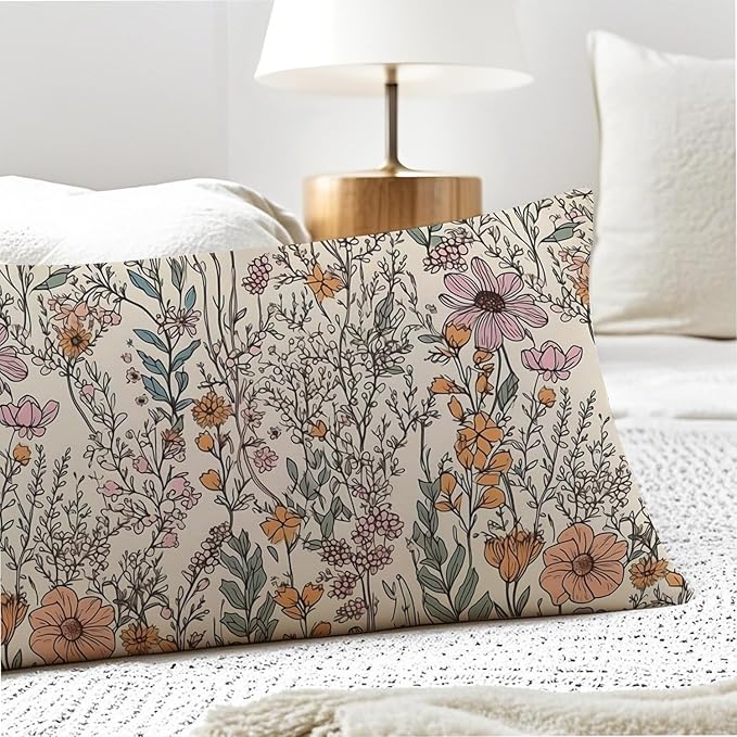 Vintage Boho Floral 20x54 Body Pillow Cover, Cottagecore Room Decor, Retro Rustic Cottagecore Flowers Aesthetic Decorative Long Body Pillow Cases for Bed Couch