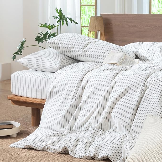 MooMee Striped Duvet Cover Set 100% Washed Cotton Linen Like Textured Breathable Durable Soft Comfy (White Heathered Green Wide Stripes, Super King Plus 120"x120")